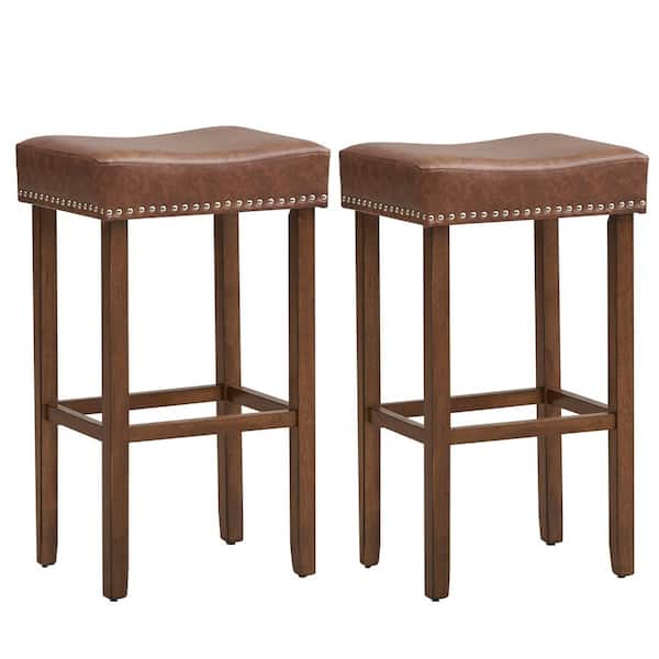 Costway 29.5 in. Brown Backless Wood Bar Stool with PU Seat Set of 2