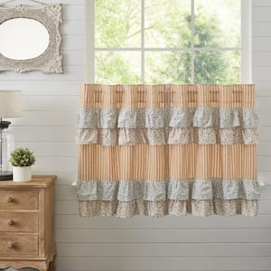 Kaila Ruffled 36 in. W x 36 in. L Cottage Tier Window Panel in Gold Creme Navy Pair