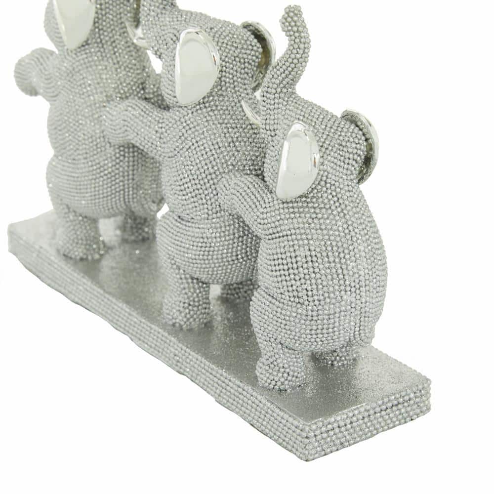 Silver Resin Elephant Trio Sculpture with Shimmering Finish