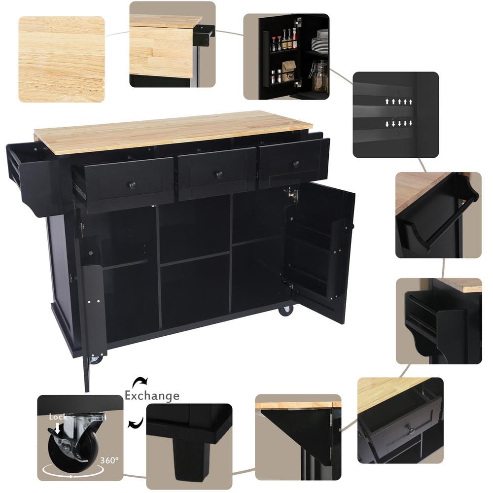 Black Wood Drop-Leaf Kitchen Cart with Storage and Spice Rack