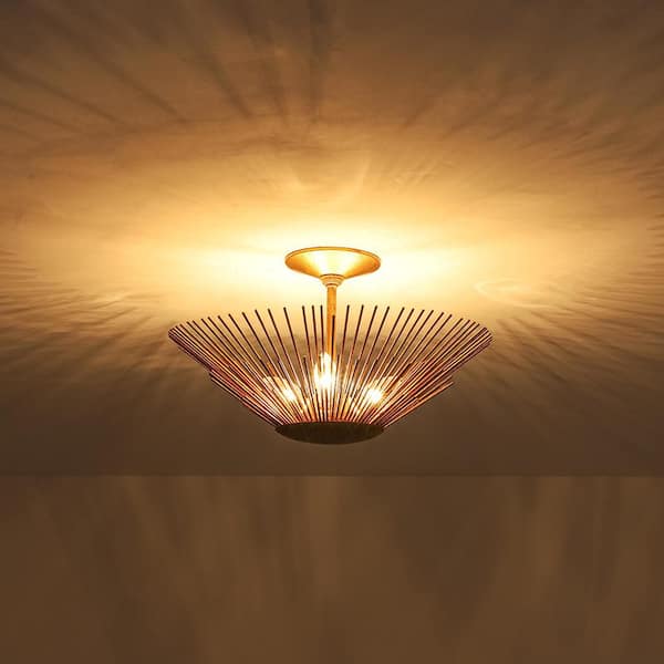 HUOKU Dopul 3-Light 17 in.W Distressed Gold Semi-Flush Mount Cone