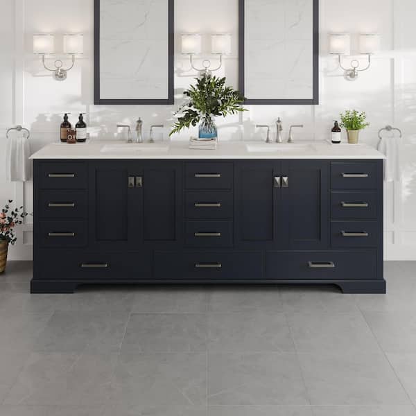 Eviva Storehouse 84 in. Double Sink Dark Gray Bath Vanity with White Carrara Quartz Top (Assembled)