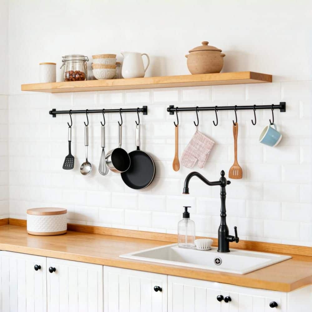 Black Wall Mounted Pot Rack with 12 Hooks and Space Saving for Organizing Kitchen Utensils Hanger (2-Pack)
