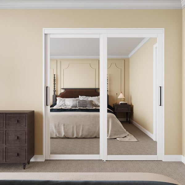 72 in. x 80 in. 1-Lite Mirror Glass White Finished Interior Closet Bypass Sliding Door with Hardware