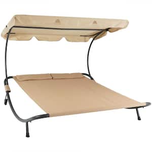 Sling Double Outdoor Chaise Lounge Bed with Canopy and Headrest Pillow
