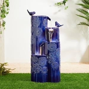 31.75 in. H 4 Tier Cobalt Blue Dandelion Texture Outdoor Floor Fountain with Birds, Pump, and LED Light (KD)