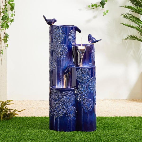 Glitzhome 31.75 in. H 4 Tier Cobalt Blue Dandelion Texture Outdoor Floor Fountain with Birds, Pump, and LED Light (KD)