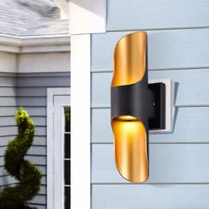 2-Light Black and Gold LED Outdoor Wall Sconce