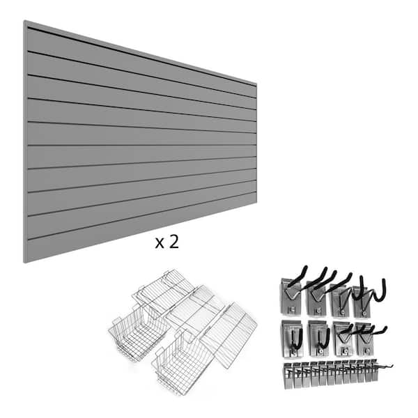 Proslat 96 in. H x 48 in. W PVC Slatwall Panel Set Light Gray Ultimate Bundle (2-Panel Pack 25-Accessory Pack)