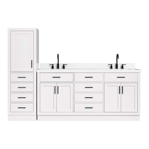 Hepburn 73 in. Double Sink Bath Vanity with Pure White Quartz Top and Linen Cabinet in White