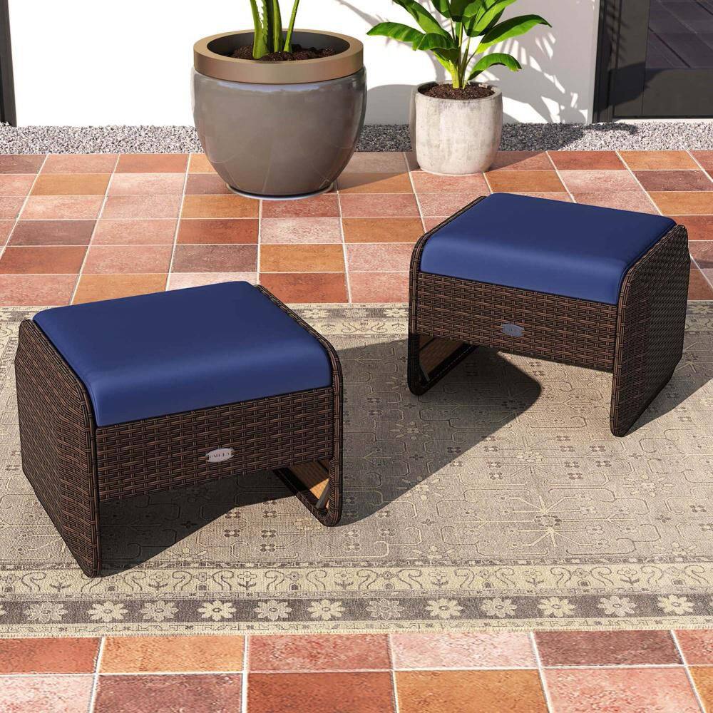 Wicker Outdoor Ottoman with Footstools and Removable Navy Cushions (2-Pack)