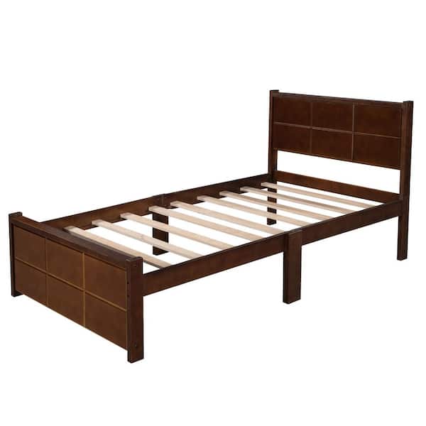 Qualfurn Walnut Twin Size Platform Bed, Queen Platform Bed With Headboard Home Depot