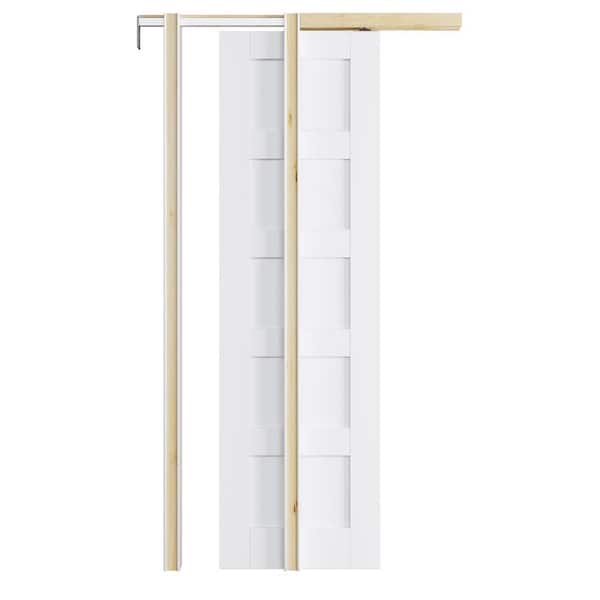 ARK DESIGN 24 in. x 80 in. 5-Lite Paneled White Primed MDF Pocket Sliding Door with Pocket Door Frame and Hardware Kit