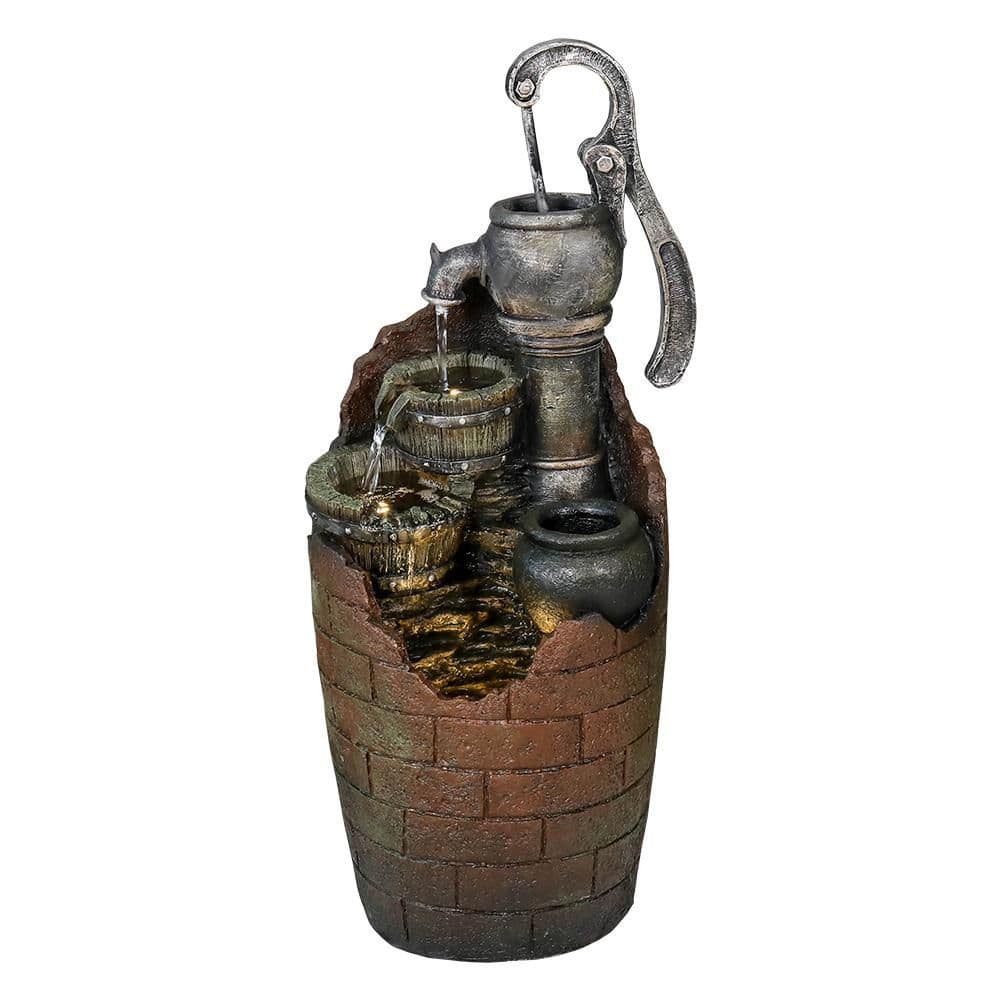 32.6 in. Barrel Fountain with Light-4-Tiered Cascading Water Fountain, Rustic Style Garden Waterfall for Indoor, Outdoor price history on PriceWatchPro