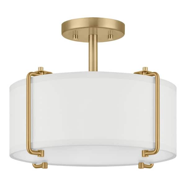 Brookley 14 in. 2-Light Brushed Gold Semi-Flush Mount with White Fabric Shade