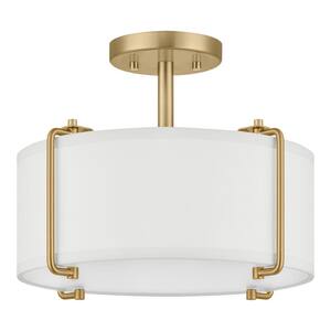 Brookley 14 in. 2-Light Brushed Gold Semi-Flush Mount with White Fabric Shade