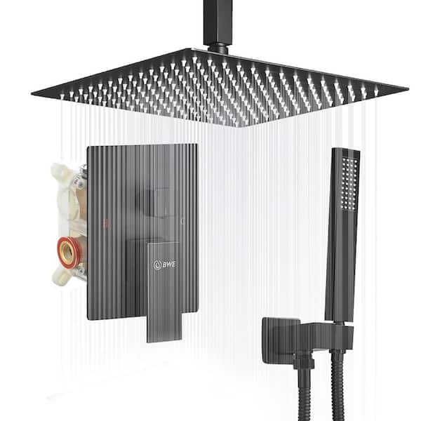 Single Handle 2-Spray Shower Faucet 2.5 GPM with 16 in. Ceiling Shower Head Easy to Install in Black (Valve Included)