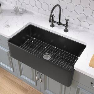 36 in. Apron Front Single Bowl Fireclay Farmhouse Kitchen Sink Black With Bottom Grid and Strainer