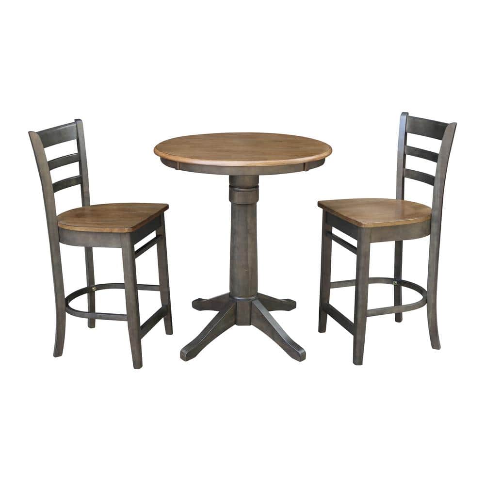 International Concepts Olivia 3-Piece 30 in. Hickory/Coal Round Solid Wood Counter Height Dining Set with Emily Stools, Distressed Hickory/Coal -  K45-30RT-27B-S6172-2