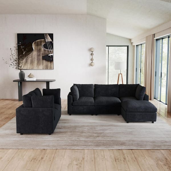 Modular Cloud Couch 6-Piece Black Chenille Convertible Living Room Set Sectional Sofa with Detachable Covers and Ottoman