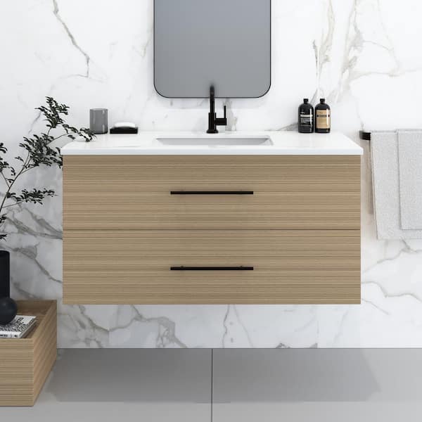VOLPA USA AMERICAN CRAFTED VANITIES Napa 48" W x 22" D x 21-3/8" H Single Sink Bathroom Vanity Wall Mounted in Sand Pine with White Quartz Countertop