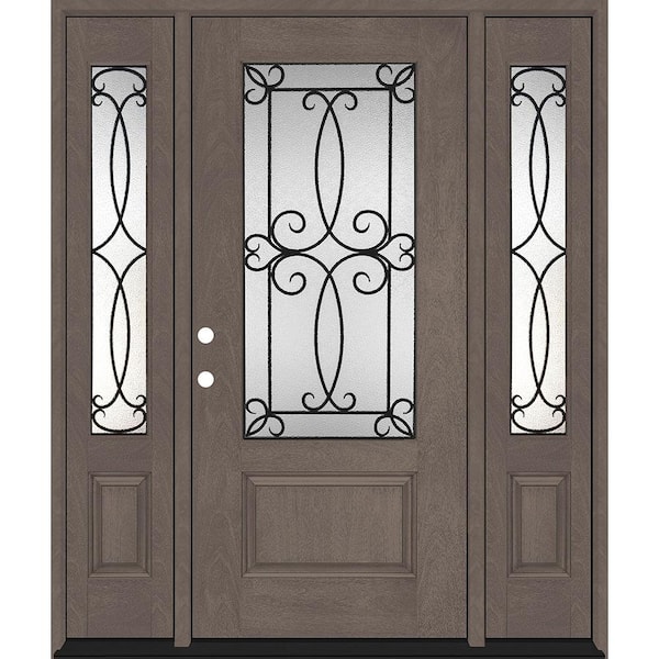Regency 64 in. x 80 in. Georgian Decorative Glass RHIS 3/4Lite Ashwood Mahogany Fiberglass Prehung Front Door w/12in.SLs