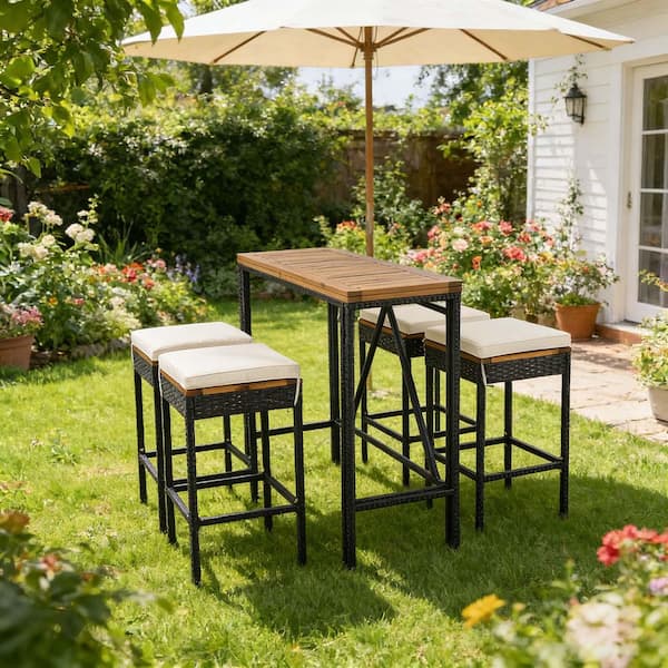 Brown 5 Piece Wood Outdoor Serving Bar Set with Beige Cushion, Patio Dining Bar Set Bar Height Table and 4 Barstools