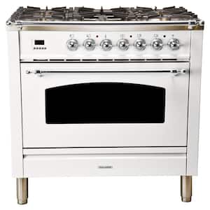 36 in. 3.55 cu. ft. Single Oven Dual Fuel Italian Range with True Convection, 5 Burners, Griddle, Chrome Trim in White