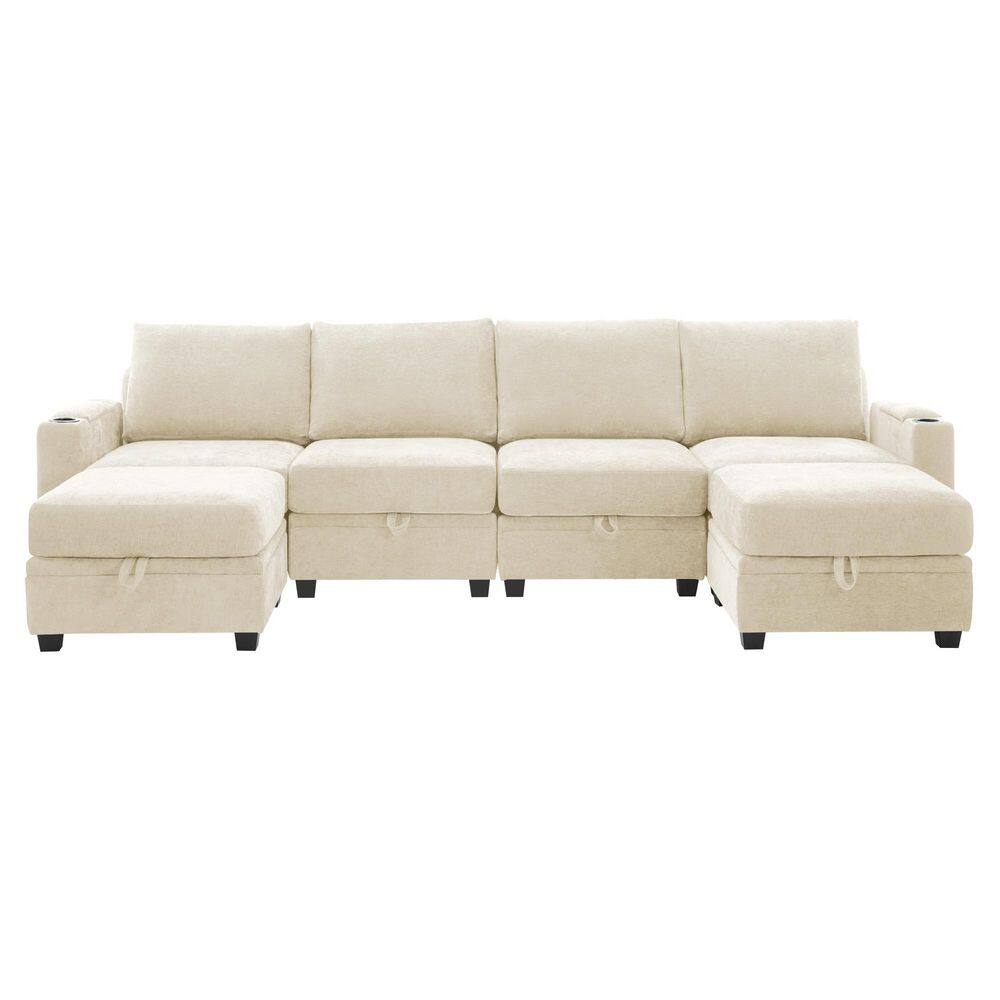 Modern 117.4 in. Beige Chenille Square Arm Straight Shape Storage Sofa with Cup Holder and Two Ottomans for Living