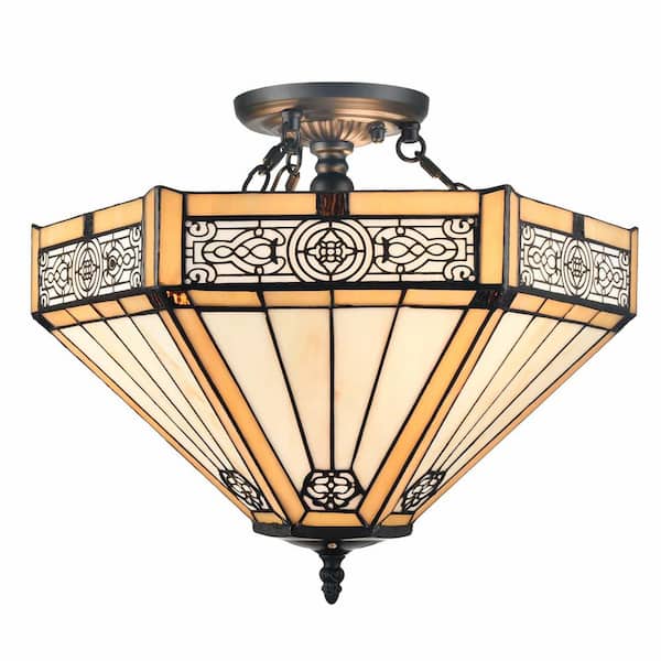CLAXY 14 in. 3-Light Black Modern Semi-Flush Mount with Stained Glass Shade and No Bulbs Included 1-Pack