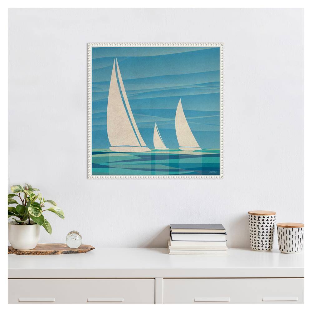 Teal Waters Sailing Boat Canvas Print with Beaded Frame