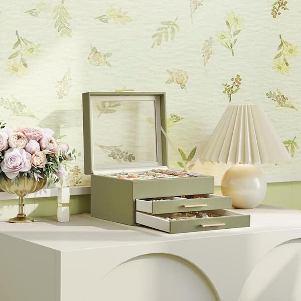 Laurel Green 9 in. x 5.3 in. Polyurethane Modern Jewelry Box with 2 Drawers