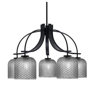 Olympia 17.75 in. 5-Light Matte Black Downlight Chandelier Smoke Textured Glass Shade