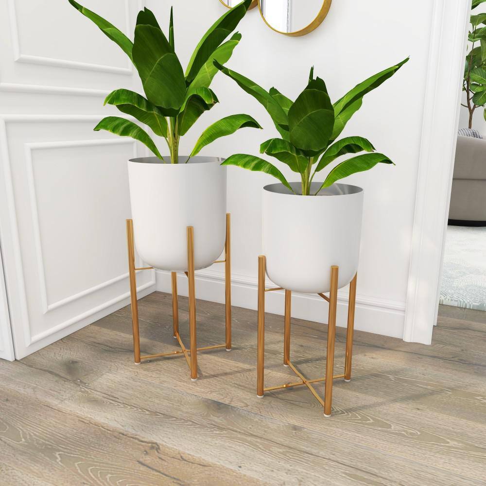 White Metal Dome Planters with Gold Stands, Set of 2