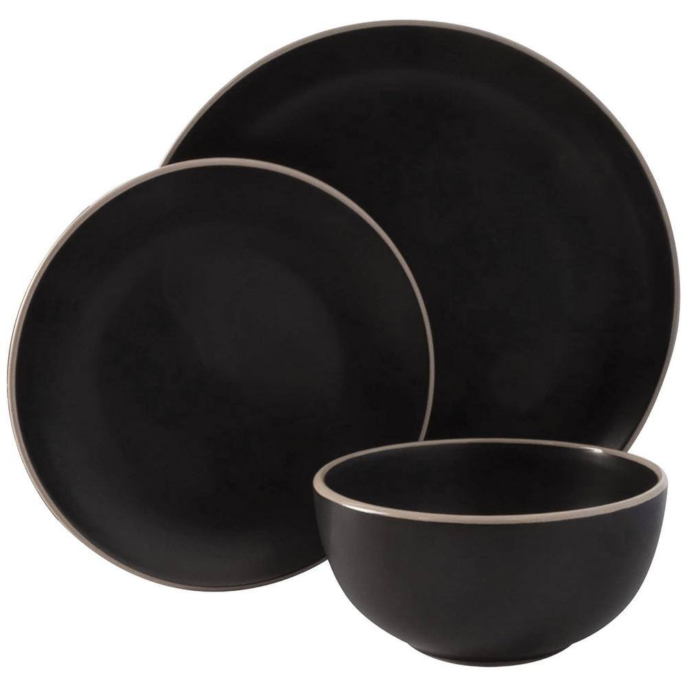 Black Ceramic 12-Piece Dinnerware Set with Glossy Rim