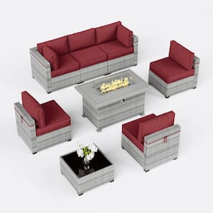 8-Piece Wicker Outdoor Patio Sectional Conversation Set with Cushions and Fire Pit Table Burgundy