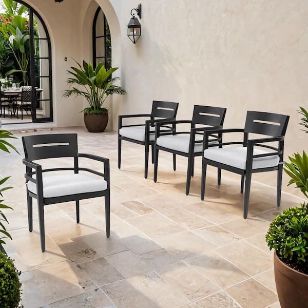 Black Outdoor Patio Aluminum Dining Chair with Sunbrella Beige Cushion (Set of 4)
