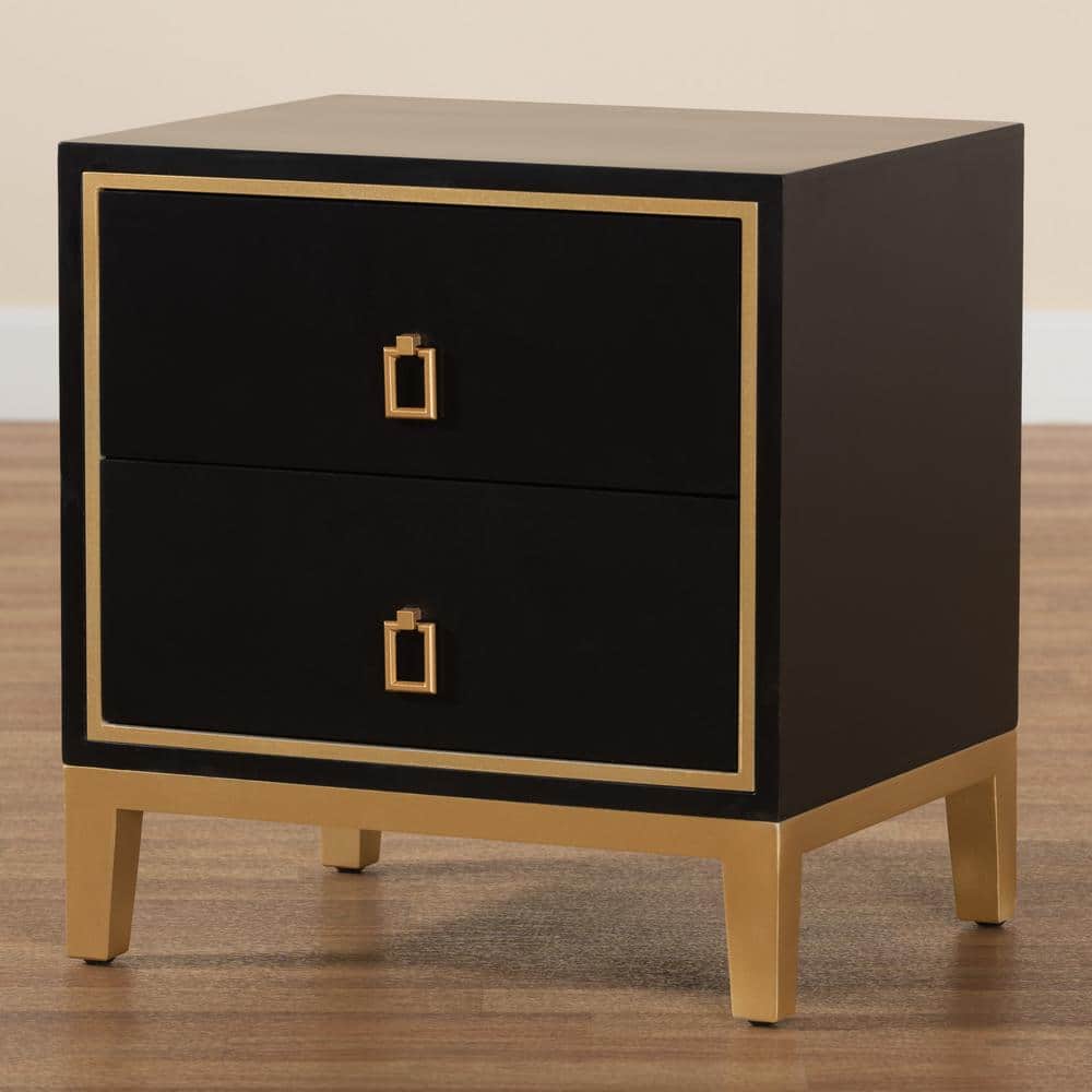 Donald Black and Gold Wood Metal 2-Drawer End Table