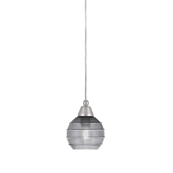 Unbranded Bryson 7 in. 1-Light Brushed Nickel Cord Pendant Light with 6 in. Smoke Ribbed Glass Shade, no bulb included