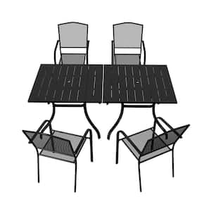 6-Piece Black Steel Dining Chair Square Table 28.54 in. H Outdoor Dining Set with Umbrella Hole