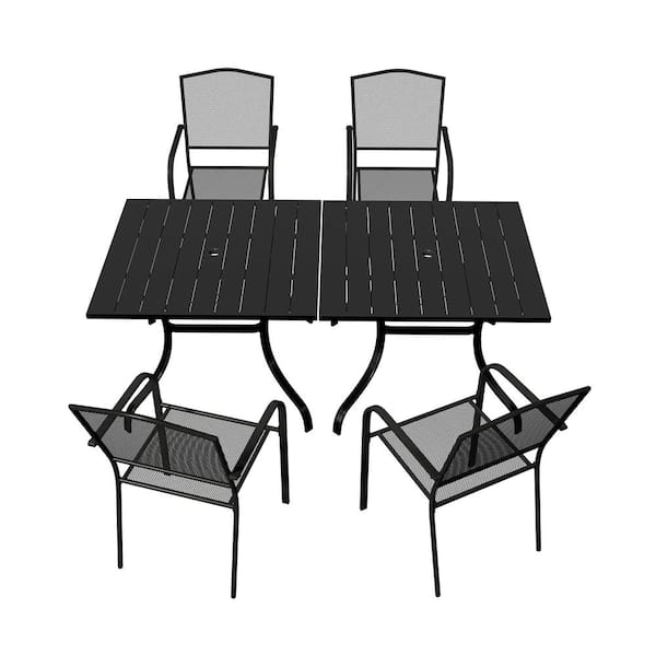 Mondawe 6-Piece Black Steel Dining Chair Square Table 28.54 in. H Outdoor Dining Set with Umbrella Hole