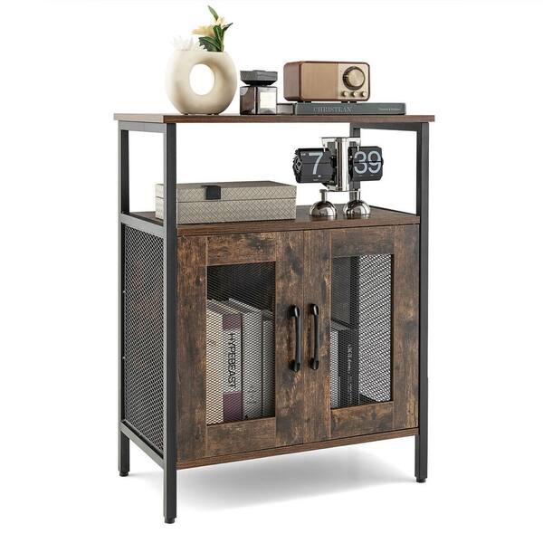 Gymax Rustic Brown Wooden 23.5 in. Industrial Liquor Bar Cabinet