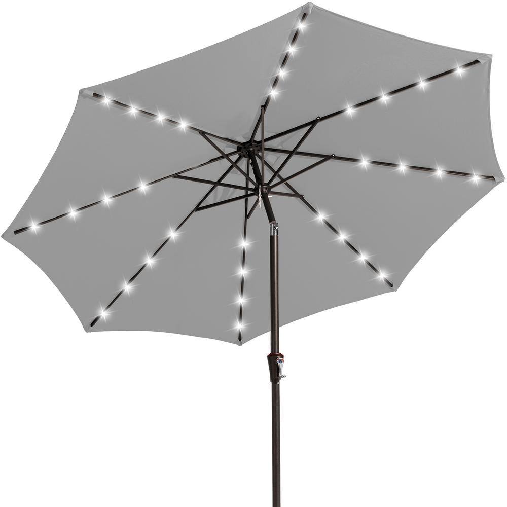10 ft. Market Solar LED Lighted Tilt Patio Umbrella Outdoor Steel Umbrella in Light Gray