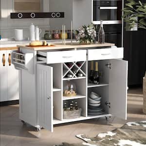 White Kitchen Cart with Two Storage Cabinets and Four Locking Wheels, Wine Rack