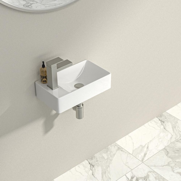 14.9 in. x 8.6 in. White Ceramic Rectangular Wall Hung Vessel Sink with Single Faucet Hole for Small Bathroom