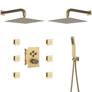 Single Handle 1-Spray Thermostatic 4-function Shower Faucet Dual Showerhead 1.8 GPM with Body Spray in. Brushed Gold