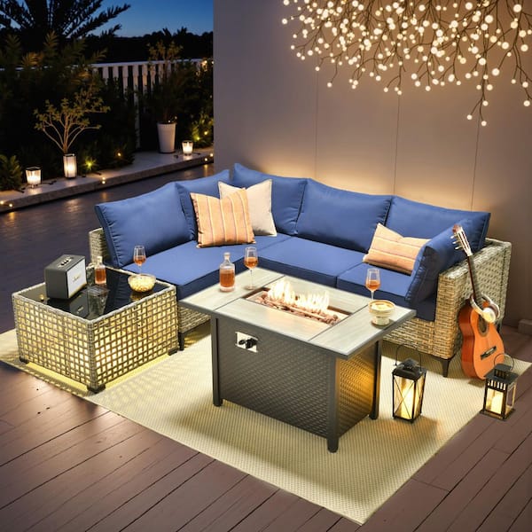 Coralia Gray 6-Piece Wicker Outdoor Sectional Set with Fire Pit, Navy Blue Cushion and Lighted Coffee Table for Patio