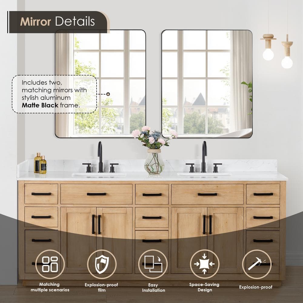Gavino 84" Light Brown Double Vanity with White Stone Countertop and Mirror