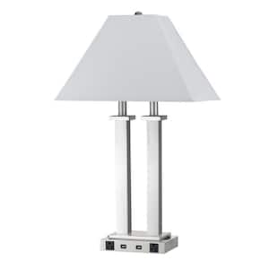 26 in. Nickel Metal Two Light Desk Usb Table Lamp with White Novelty Shade