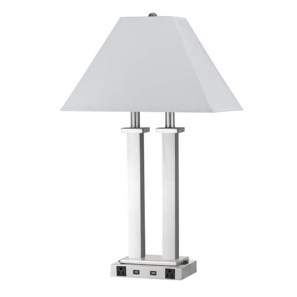 HomeRoots 26 in. Nickel Metal Two Light Desk Usb Table Lamp with White Novelty Shade